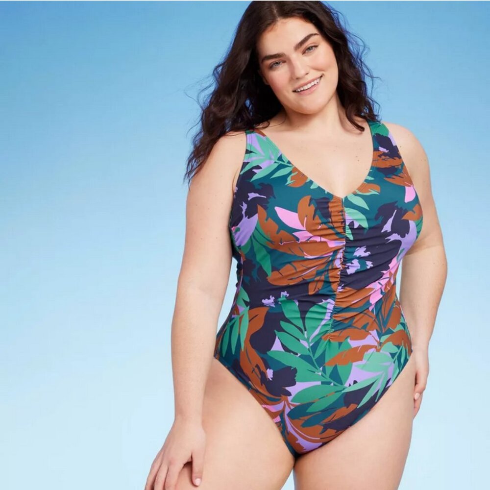 Women's Shirred Plunge One Piece Swimsuit - Shade & Shore™ Multi Floral Print 16